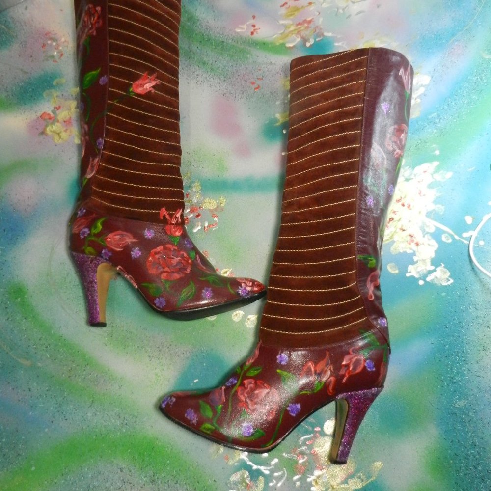 VTG OOAK floral suede boots Never Promised You a Rose Garden burgundy leather - Picture 12 of 16